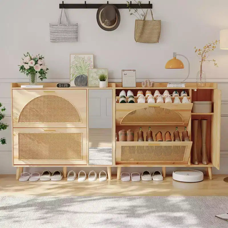 Shoe Cabinet, Entryway Cabinet  Natural Rattan Cabinet with 2 Flip Drawers & Mirror Adjustable Shelves