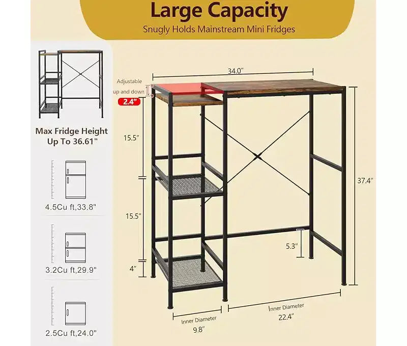 Fridge Stand with Storage Shelf, Adjustable Top Shelf for Microwave Stand & Coffee Bar, TV Stand for Dorm, Apartment, Kitchen, Office in Rustic Brown