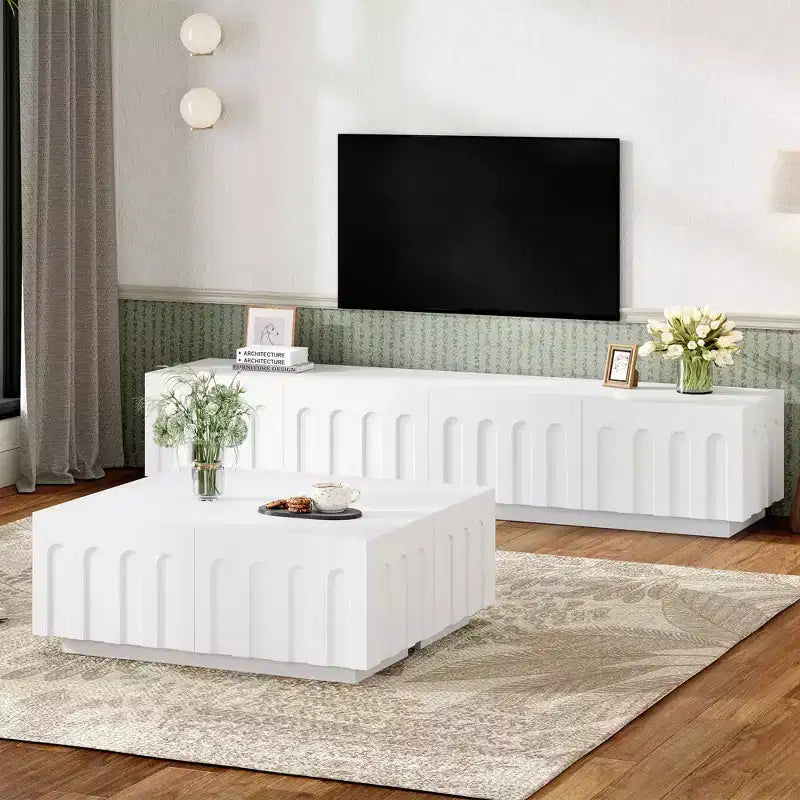 MAYEERTY 2-Piece Elegant TV Stand Coffee Table Set, White Arched Media Console for 80 TVs