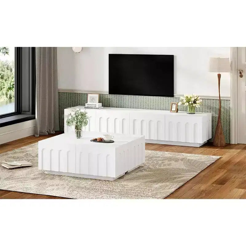 MAYEERTY 2-Piece Elegant TV Stand Coffee Table Set, White Arched Media Console for 80 TVs
