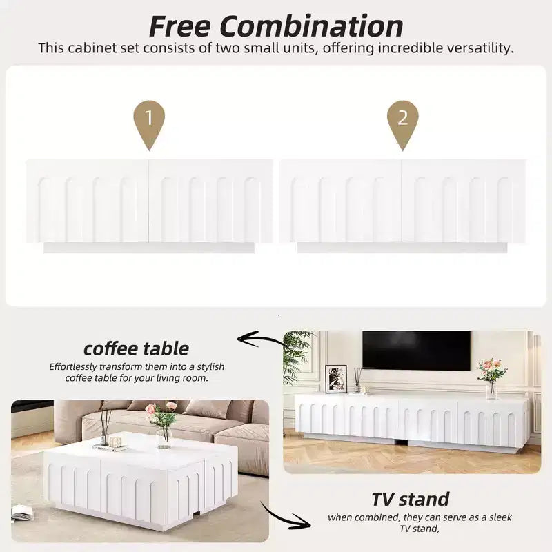 MAYEERTY 2-Piece Elegant TV Stand Coffee Table Set, White Arched Media Console for 80 TVs