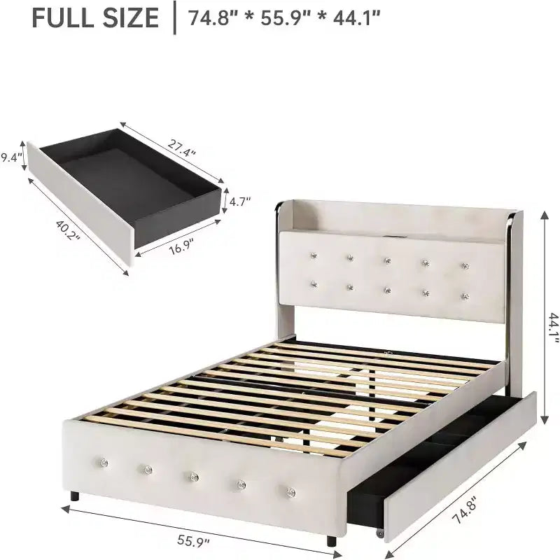 Full Size Bed Frame with Storage Headboard, Velvet Upholstered, Platform Bed Frame with 4 Drawers&Wooden Slat Support, Noise Free Design