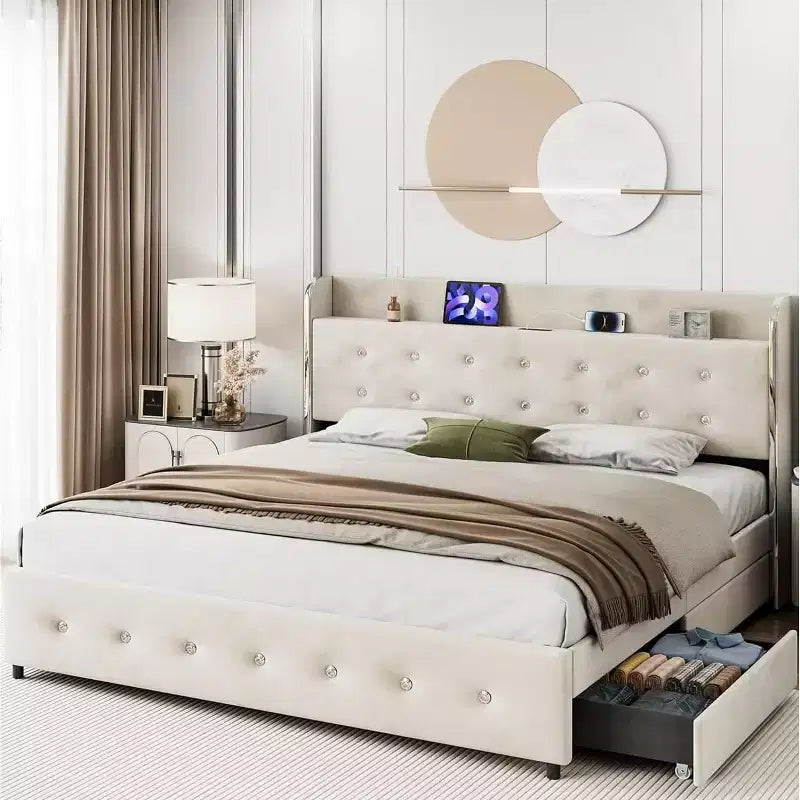Full Size Bed Frame with Storage Headboard, Velvet Upholstered, Platform Bed Frame with 4 Drawers&Wooden Slat Support, Noise Free Design