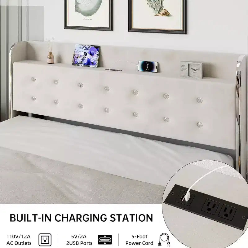 Full Size Bed Frame with Storage Headboard, Velvet Upholstered, Platform Bed Frame with 4 Drawers&Wooden Slat Support, Noise Free Design