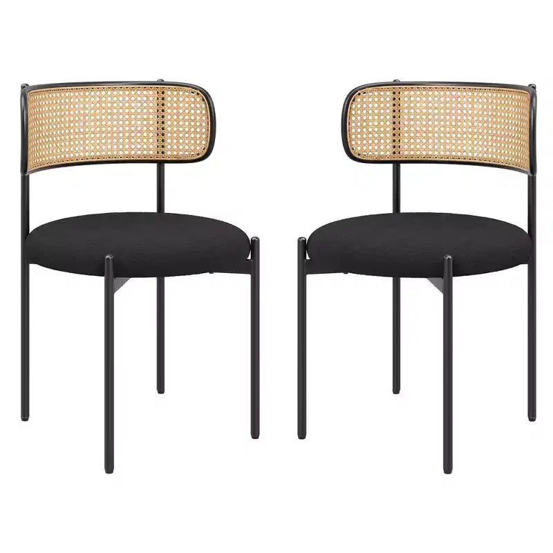 MAYEERTY Modern Upholstered Dining Chairs Set of 2 with Metal Legs Rattan Back Dining Room Chairs for Kitchen Black