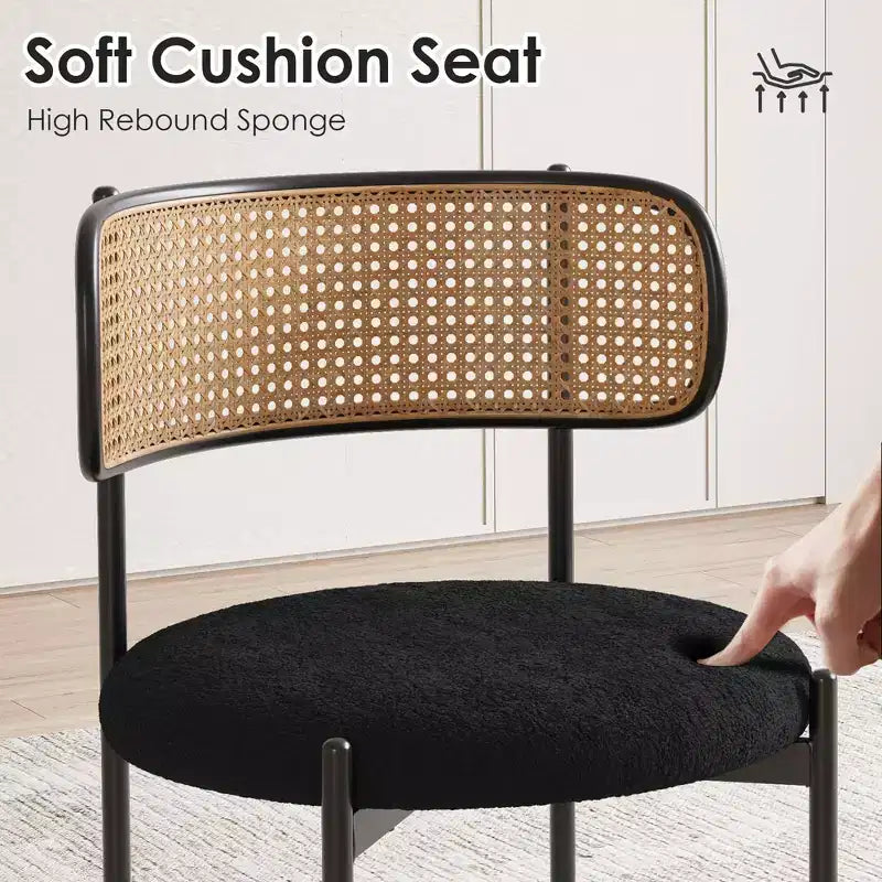 MAYEERTY Modern Upholstered Dining Chairs Set of 2 with Metal Legs Rattan Back Dining Room Chairs for Kitchen Black