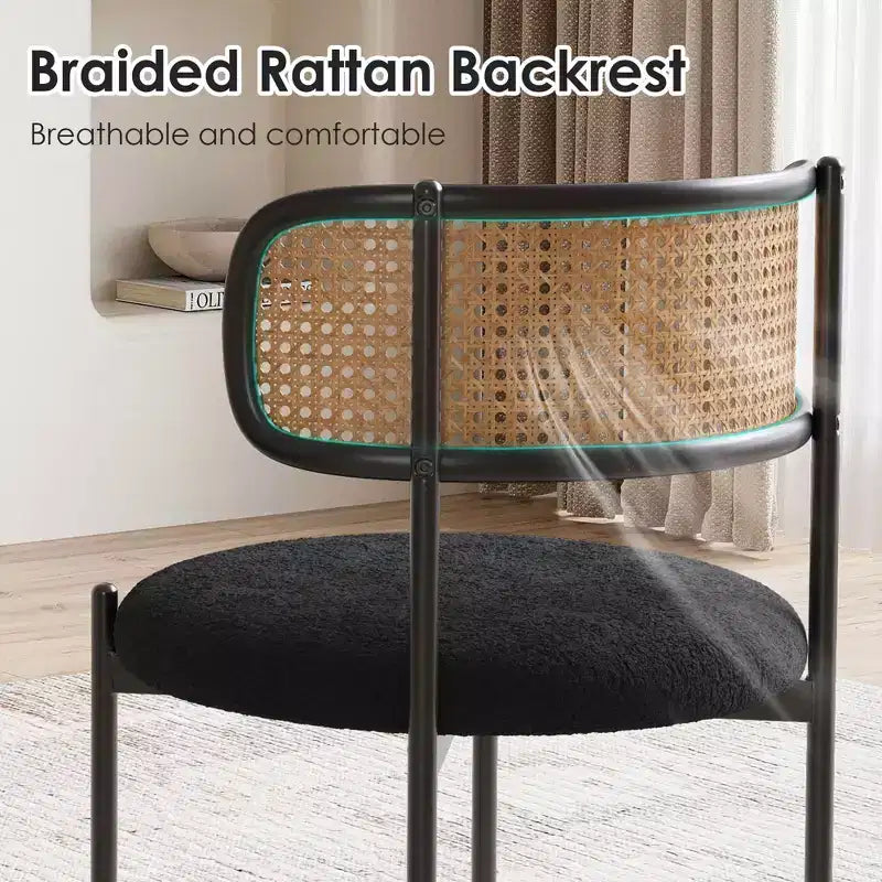 MAYEERTY Modern Upholstered Dining Chairs Set of 2 with Metal Legs Rattan Back Dining Room Chairs for Kitchen Black