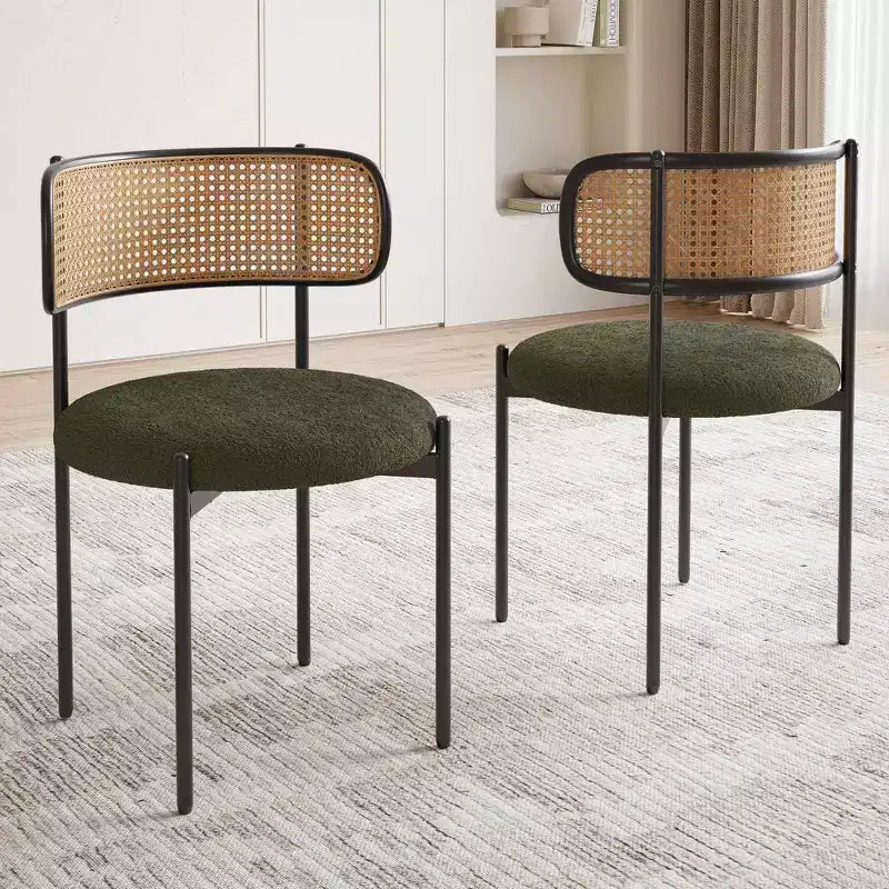 MAYEERTY Modern Upholstered Dining Chairs Set of 2 with Metal Legs Rattan Back Dining Room Chairs for Kitchen Green