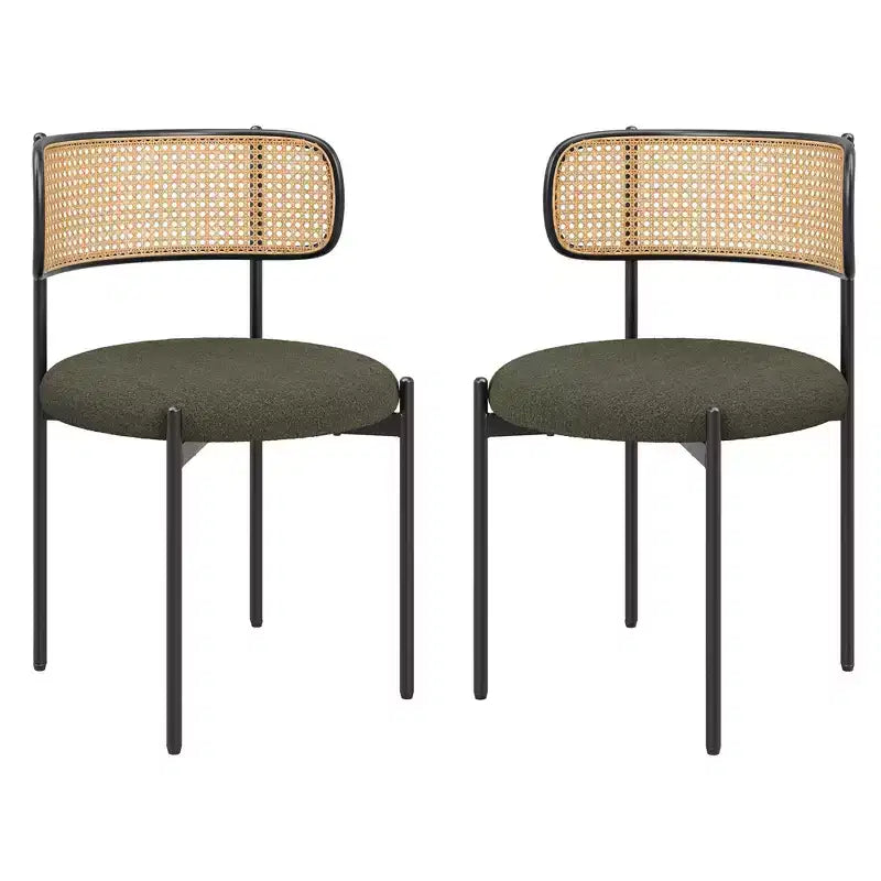 MAYEERTY Modern Upholstered Dining Chairs Set of 2 with Metal Legs Rattan Back Dining Room Chairs for Kitchen Green