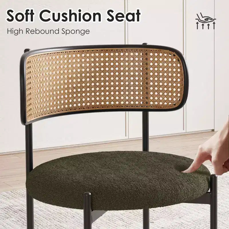 MAYEERTY Modern Upholstered Dining Chairs Set of 2 with Metal Legs Rattan Back Dining Room Chairs for Kitchen Green