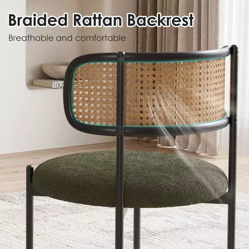 MAYEERTY Modern Upholstered Dining Chairs Set of 2 with Metal Legs Rattan Back Dining Room Chairs for Kitchen Green