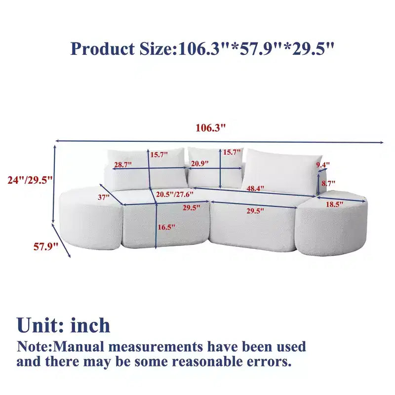 Set Divano Sezionale Modulare a V Clihome 106.3, Divano in ciniglia con 3 Cuscini e 2 Pouf Senza Braccioli