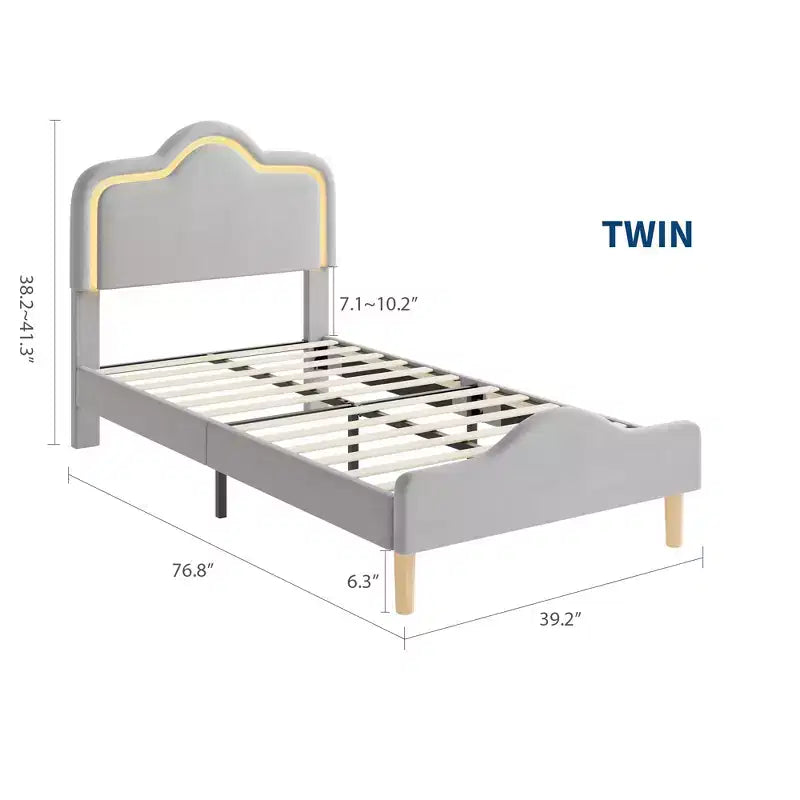Twin/Full/Queen Princess Bed Frame with Adjustable Headboard & Velvet Upholstery - Kids Platform Bed