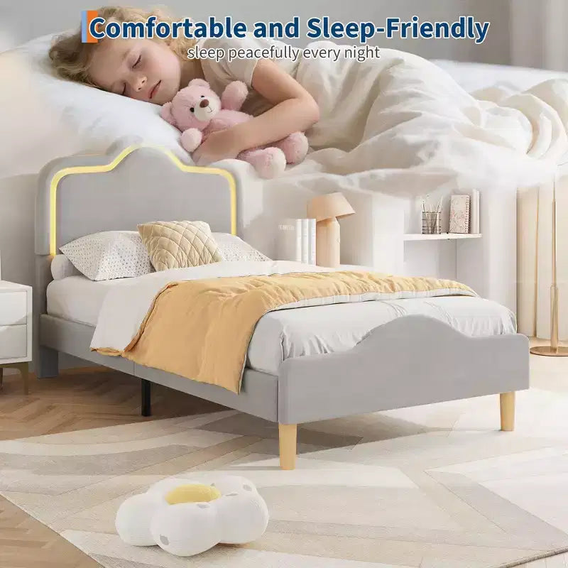 Twin/Full/Queen Princess Bed Frame with Adjustable Headboard & Velvet Upholstery - Kids Platform Bed