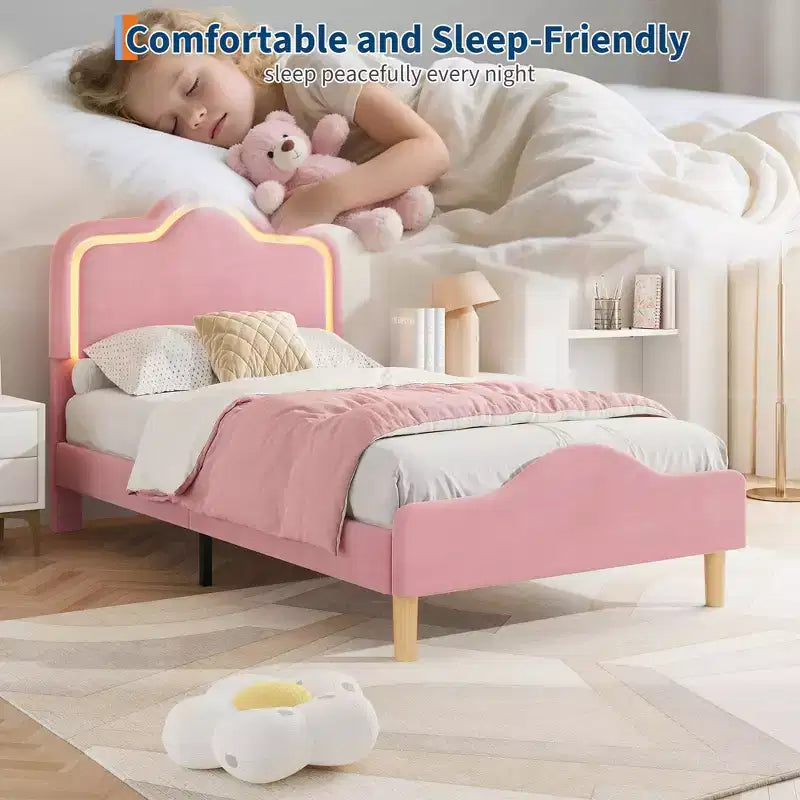 Twin/Full/Queen Princess Bed Frame with Adjustable Headboard & Velvet Upholstery - Kids Platform Bed