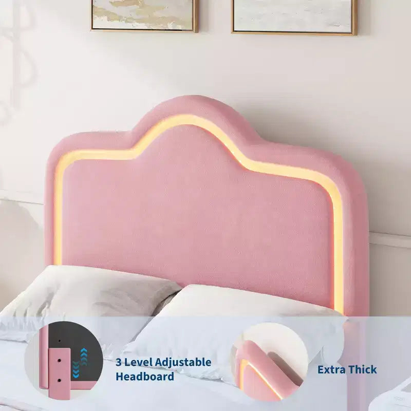 Twin/Full/Queen Princess Bed Frame with Adjustable Headboard & Velvet Upholstery - Kids Platform Bed