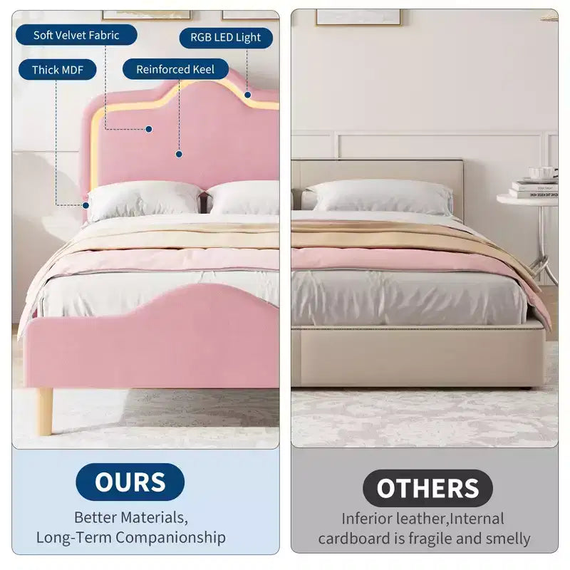 Twin/Full/Queen Princess Bed Frame with Adjustable Headboard & Velvet Upholstery - Kids Platform Bed