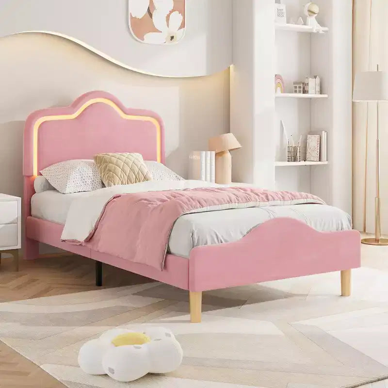 Twin/Full/Queen Princess Bed Frame with Adjustable Headboard & Velvet Upholstery - Kids Platform Bed