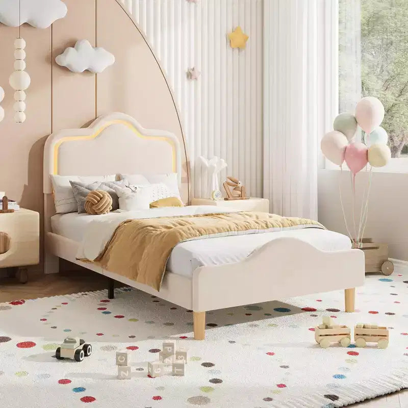 Twin/Full/Queen Princess Bed Frame with Adjustable Headboard & Velvet Upholstery - Kids Platform Bed