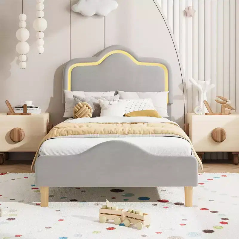 Twin/Full/Queen Princess Bed Frame with Adjustable Headboard & Velvet Upholstery - Kids Platform Bed