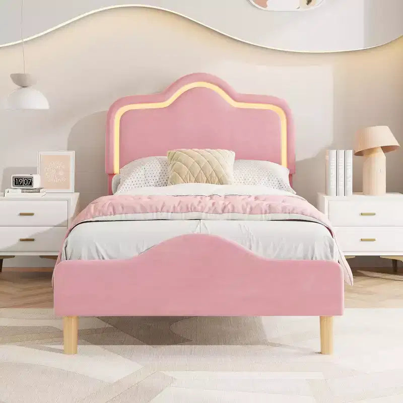 Twin/Full/Queen Princess Bed Frame with Adjustable Headboard & Velvet Upholstery - Kids Platform Bed