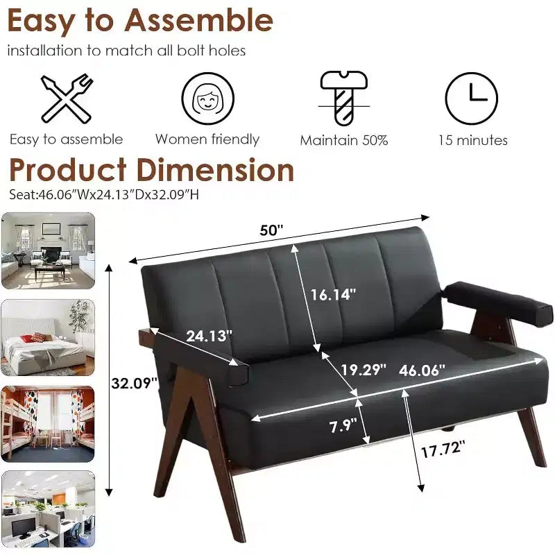 TYBOATLE Faux Leather Couch, Mid-Century Modern Office Small Couch, Comfy Upholstered Mini Loveseat for Small Spaces, Bedroom, Living Room, Apartment