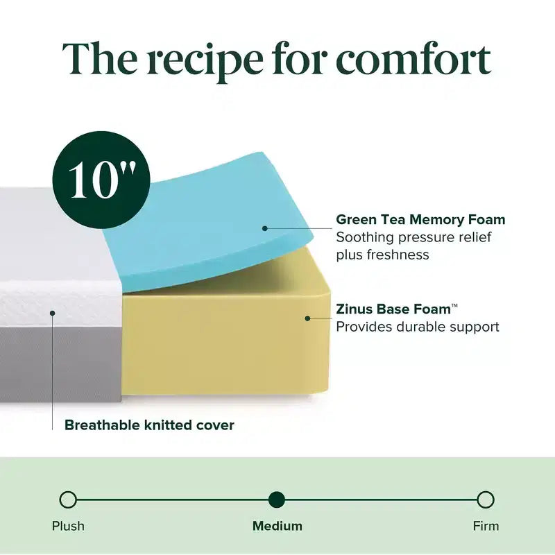 Zinus 10 Inch Green Tea Essential Memory Foam Mattress Queen, Medium Feel, Breathable Memory Foam, Certified Safe Foams & Fabric, Mattress in A Box