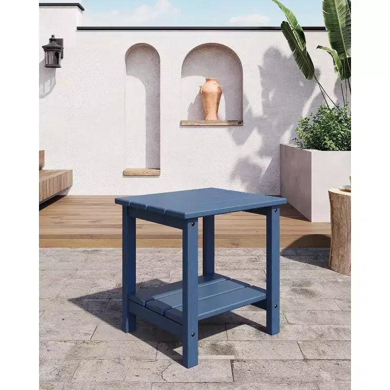 Outdoor Side Table 2-Tier, 18 in HDPE All Weather Resistant Patio Side Tables for Outside, End Table for Patio Pool Deck Indoor Backyard, White-2Pcs
