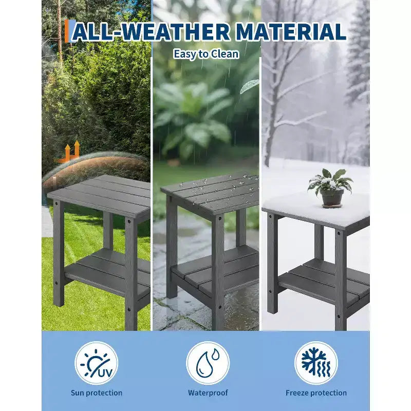 Outdoor Side Table 2-Tier, 18 in HDPE All Weather Resistant Patio Side Tables for Outside, End Table for Patio Pool Deck Indoor Backyard, White-2Pcs