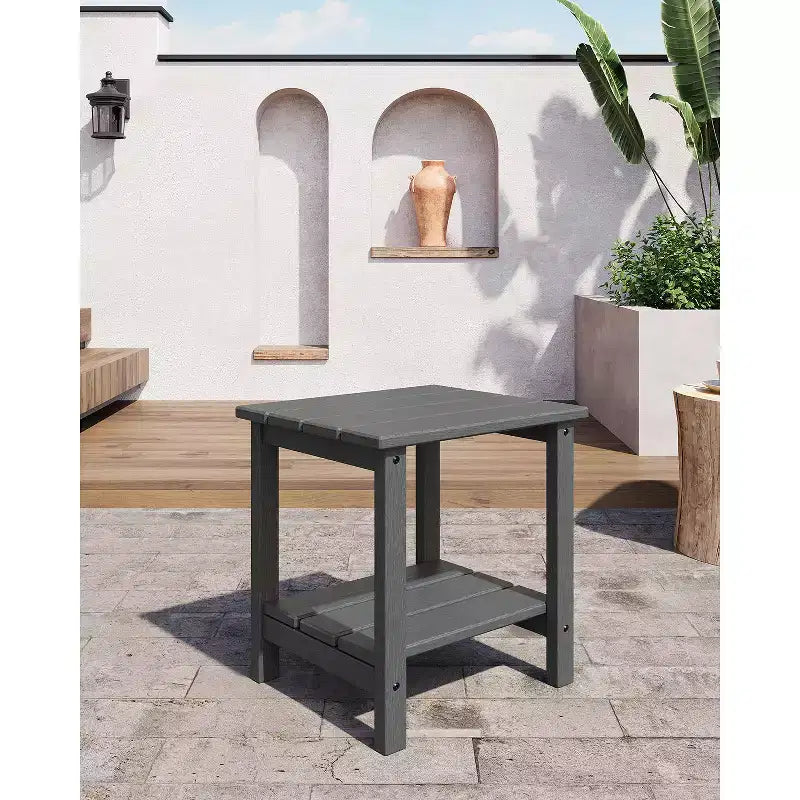 Outdoor Side Table 2-Tier, 18 in HDPE All Weather Resistant Patio Side Tables for Outside, End Table for Patio Pool Deck Indoor Backyard, White-2Pcs