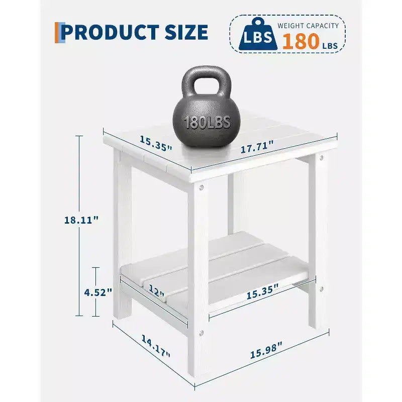 Outdoor Side Table 2-Tier, 18 in HDPE All Weather Resistant Patio Side Tables for Outside, End Table for Patio Pool Deck Indoor Backyard, White-2Pcs