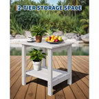 Outdoor Side Table 2-Tier, 18 in HDPE All Weather Resistant Patio Side Tables for Outside, End Table for Patio Pool Deck Indoor Backyard, White-2Pcs