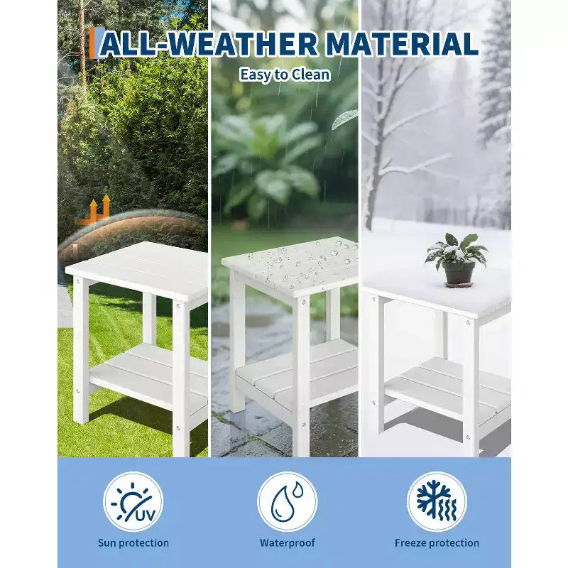 Outdoor Side Table 2-Tier, 18 in HDPE All Weather Resistant Patio Side Tables for Outside, End Table for Patio Pool Deck Indoor Backyard, White-2Pcs