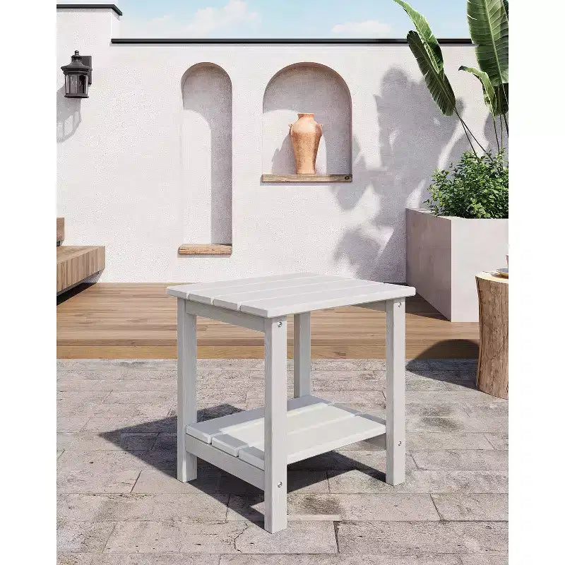 Outdoor Side Table 2-Tier, 18 in HDPE All Weather Resistant Patio Side Tables for Outside, End Table for Patio Pool Deck Indoor Backyard, White-2Pcs