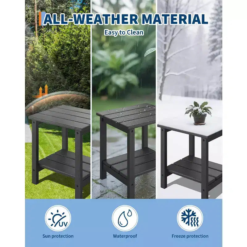 Outdoor Side Table 2-Tier, 18 in HDPE All Weather Resistant Patio Side Tables for Outside, End Table for Patio Pool Deck Indoor Backyard, White-2Pcs