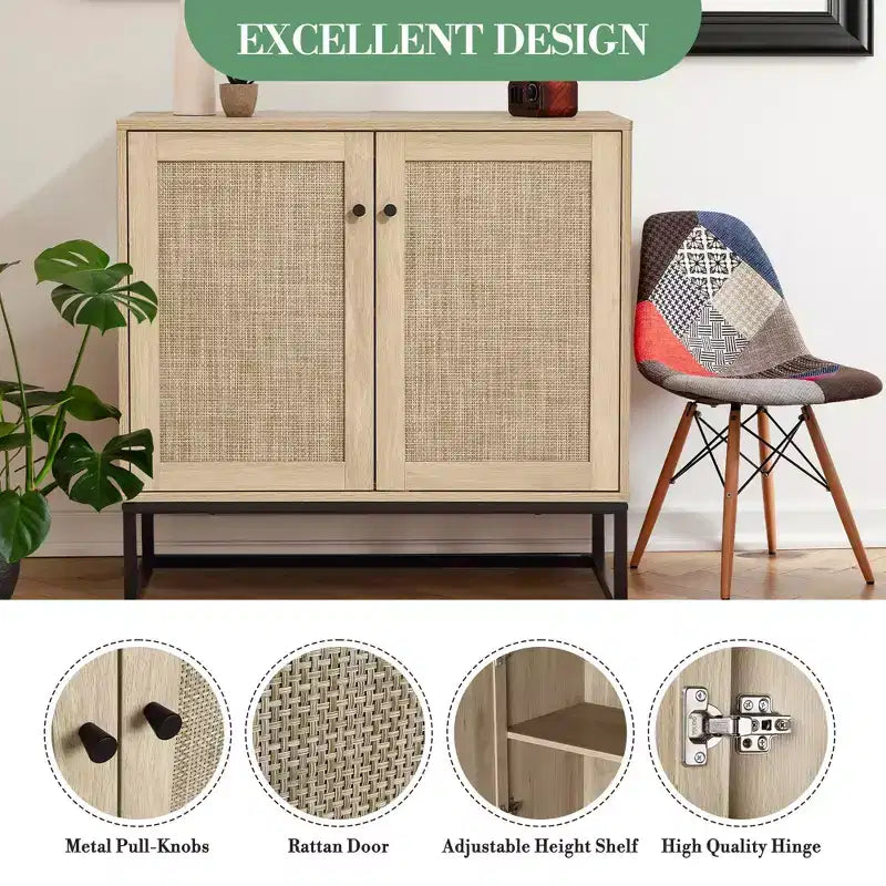 COZONY Farmhouse 2-Door Rattan Storage Cabinet, Sideboard Buffet Accent Cabinet, Farmhouse Console Table w/ Storage, Multifunctional Kitchen Cupboard