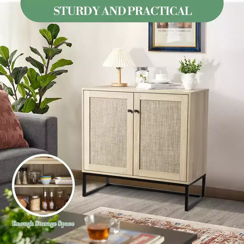 COZONY Farmhouse 2-Door Rattan Storage Cabinet, Sideboard Buffet Accent Cabinet, Farmhouse Console Table w/ Storage, Multifunctional Kitchen Cupboard