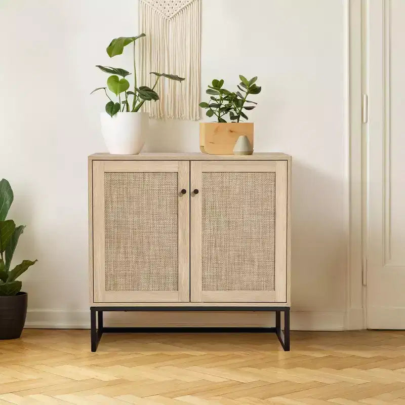 COZONY Farmhouse 2-Door Rattan Storage Cabinet, Sideboard Buffet Accent Cabinet, Farmhouse Console Table w/ Storage, Multifunctional Kitchen Cupboard