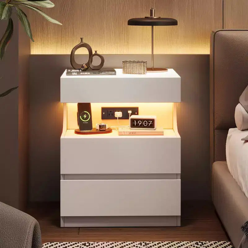 COZONY Modern Nightstand w/ App-Controlled LED Light, U-Shape Open Shelf, Bedside Table w/ Charging Station, 3 Drawer End Table w/ USB Port & Outlet