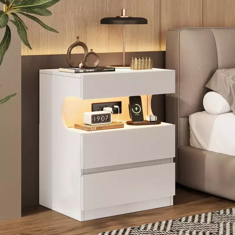 COZONY Modern Nightstand w/ App-Controlled LED Light, U-Shape Open Shelf, Bedside Table w/ Charging Station, 3 Drawer End Table w/ USB Port & Outlet