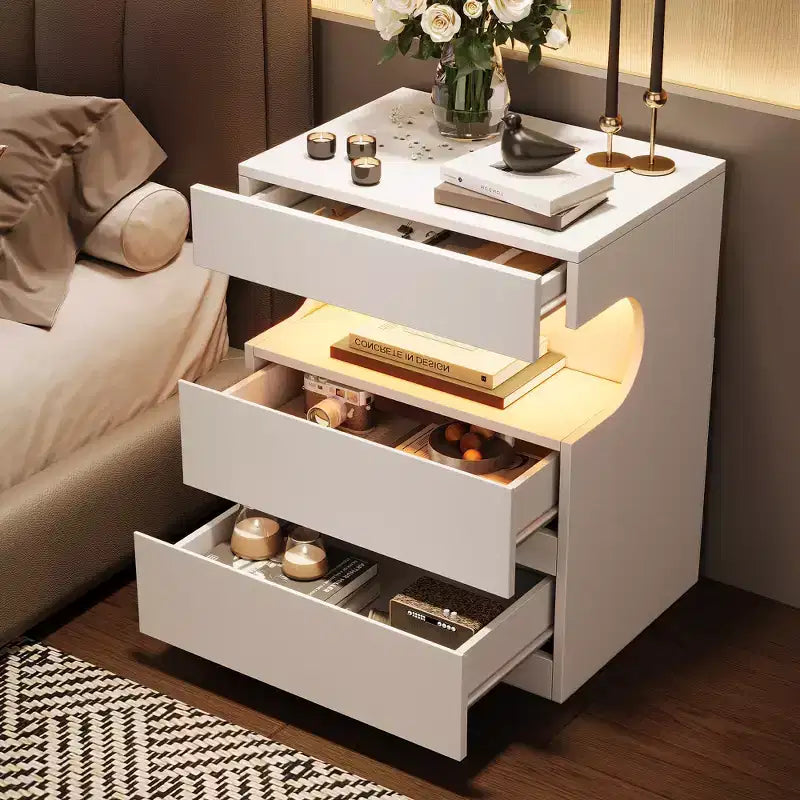COZONY Modern Nightstand w/ App-Controlled LED Light, U-Shape Open Shelf, Bedside Table w/ Charging Station, 3 Drawer End Table w/ USB Port & Outlet