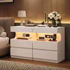 COZONY Modern Nightstand w/ App-Controlled LED Light, U-Shape Open Shelf, Bedside Table w/ Charging Station, 3 Drawer End Table w/ USB Port & Outlet