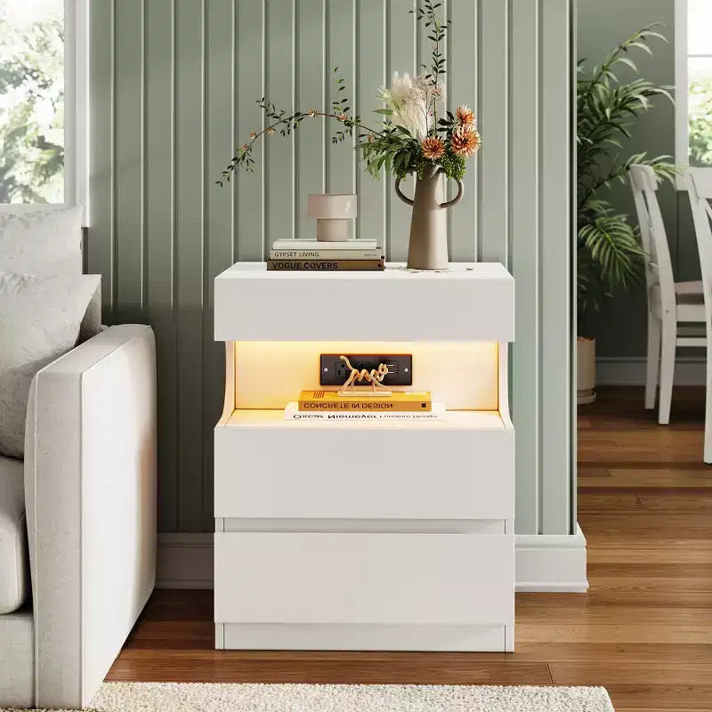 COZONY Modern Nightstand w/ App-Controlled LED Light, U-Shape Open Shelf, Bedside Table w/ Charging Station, 3 Drawer End Table w/ USB Port & Outlet
