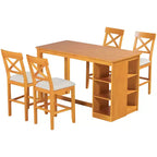 Farmhouse 5 Pieces Counter Height Dining Set for 4, Wooden Bar Table Set with Storage Shelves and 4 Upholstered Chairs