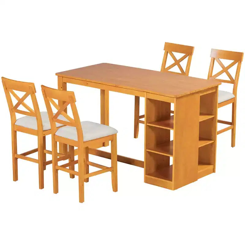 Farmhouse 5 Pieces Counter Height Dining Set for 4, Wooden Bar Table Set with Storage Shelves and 4 Upholstered Chairs