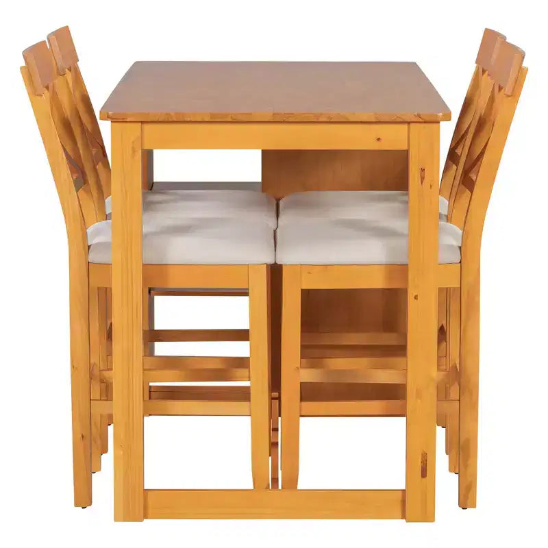 Farmhouse 5 Pieces Counter Height Dining Set for 4, Wooden Bar Table Set with Storage Shelves and 4 Upholstered Chairs