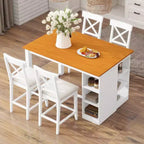 Farmhouse 5 Pieces Counter Height Dining Set for 4, Wooden Bar Table Set with Storage Shelves and 4 Upholstered Chairs