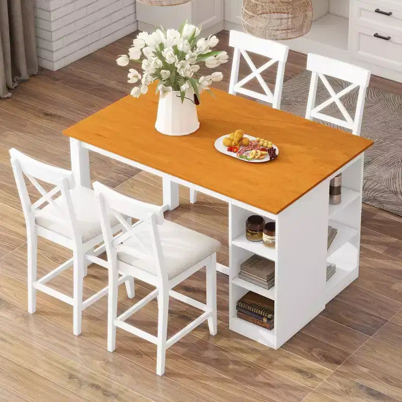 Farmhouse 5 Pieces Counter Height Dining Set for 4, Wooden Bar Table Set with Storage Shelves and 4 Upholstered Chairs