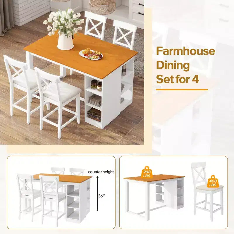 Farmhouse 5 Pieces Counter Height Dining Set for 4, Wooden Bar Table Set with Storage Shelves and 4 Upholstered Chairs