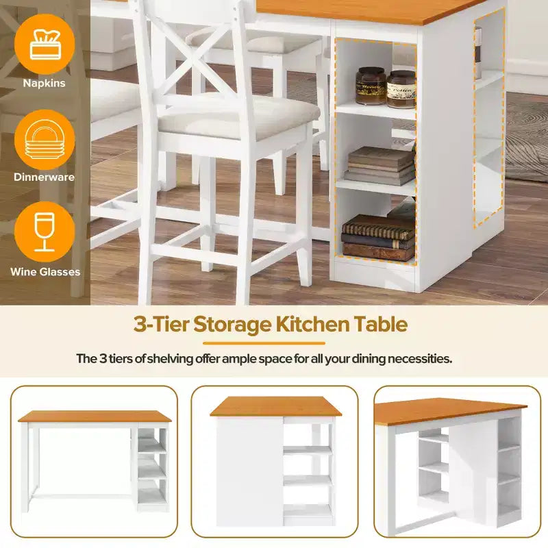 Farmhouse 5 Pieces Counter Height Dining Set for 4, Wooden Bar Table Set with Storage Shelves and 4 Upholstered Chairs